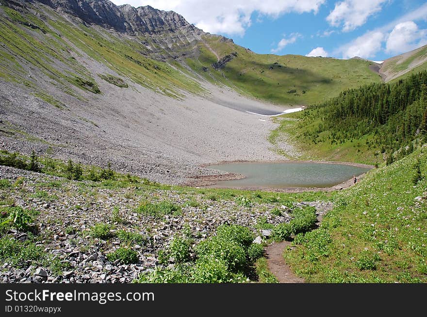 Alpine lake and meadows on mountains indefatigable, kananaskis country, alberta, canada