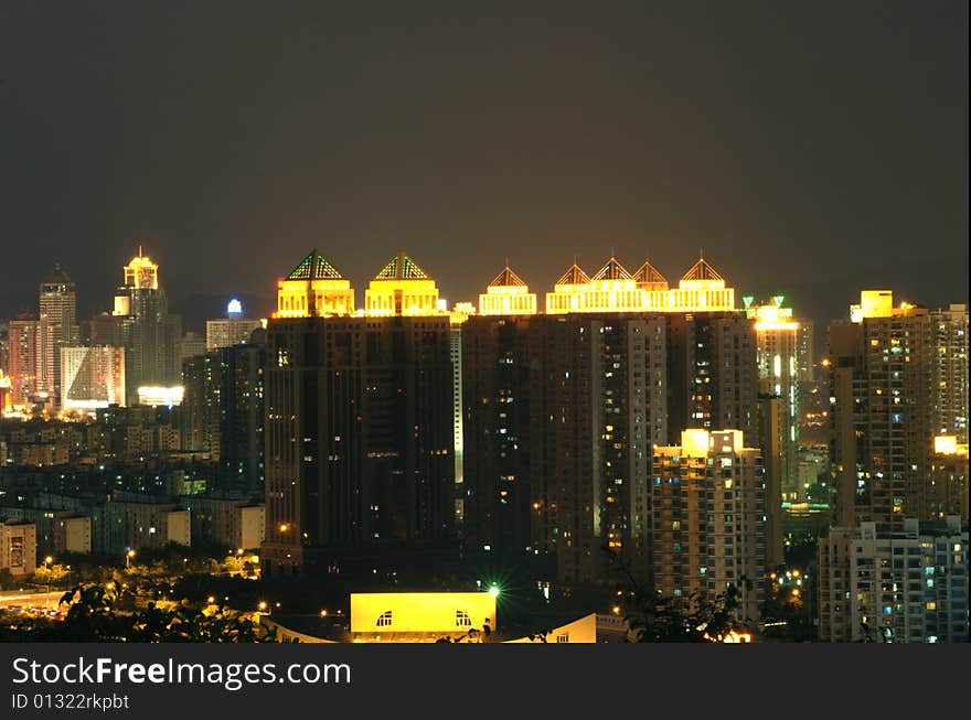 Chinese residential area by night. Shenzhen city, Guangdong province.