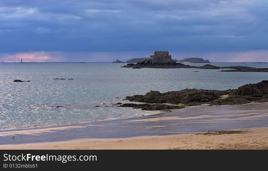 St Malo in Brittany under a Purple and Pink Sky.