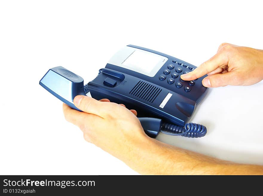 Finger with blue telephone keypad