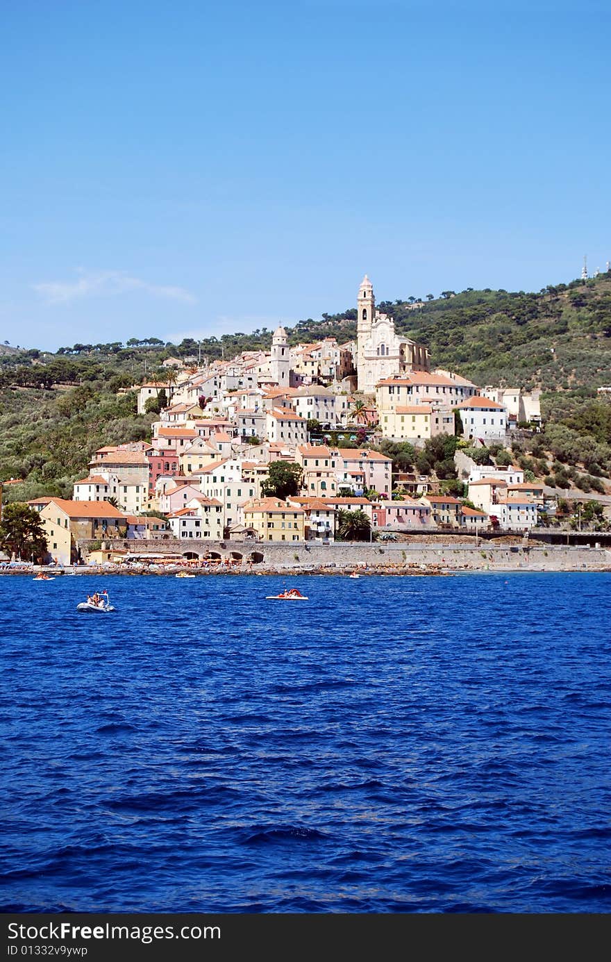 View of Cervo, medieval village in Liguria, Italy from the sea.