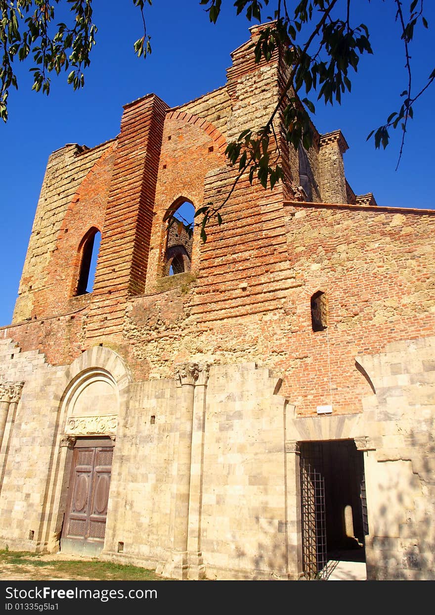 The facade of the uncover abbey of San Galgano in Tuscany. The facade of the uncover abbey of San Galgano in Tuscany