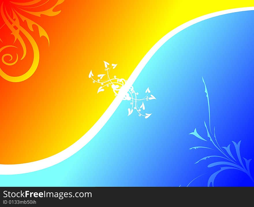 Orange and blue gradient backround with floral elements. Orange and blue gradient backround with floral elements