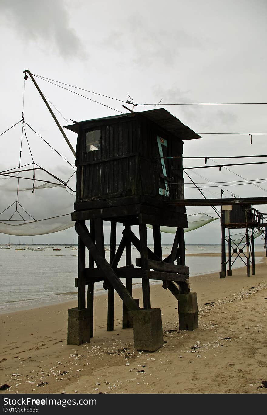 A classic oyster hut on a beach in Saint Nazaire, France. A classic oyster hut on a beach in Saint Nazaire, France