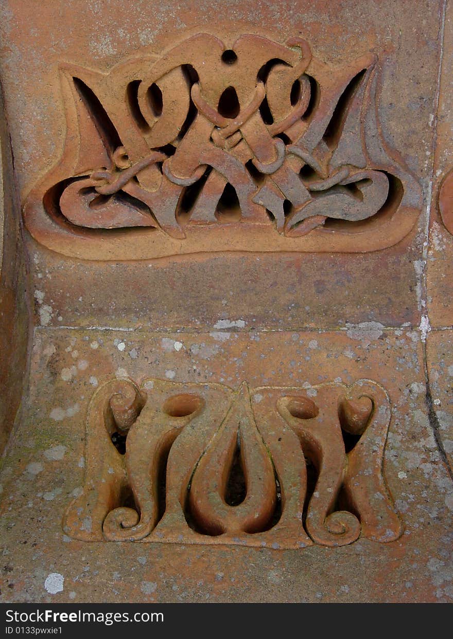 Terracotta detail on a seat in a chapel built in early 1900s