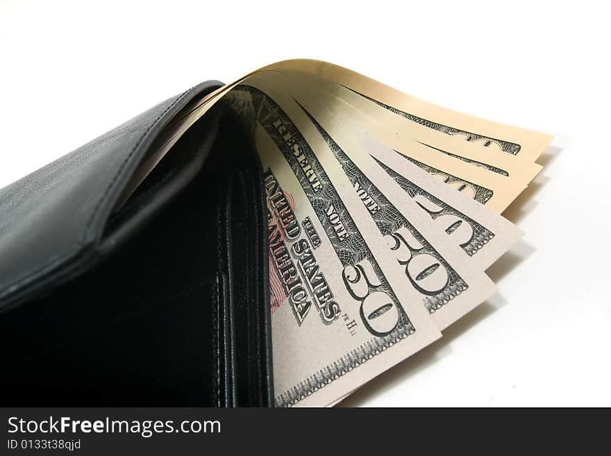 Black leather wallet with american dollars