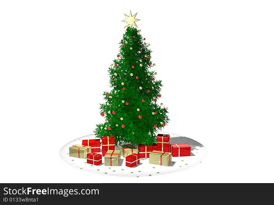 Christmas tree and gifts against white background