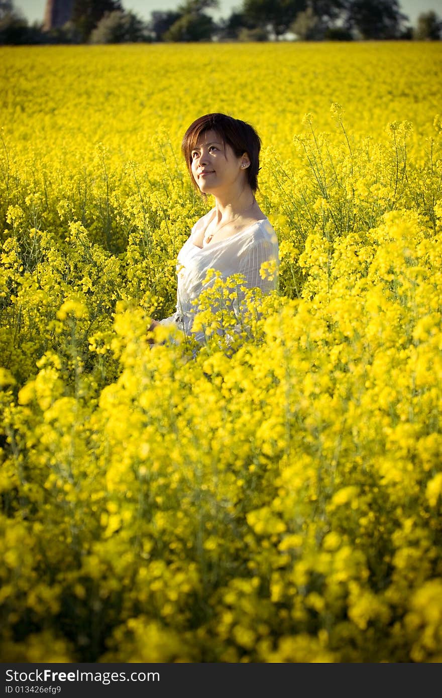 A girl in casual dress. taken in a field of rape. A girl in casual dress. taken in a field of rape.