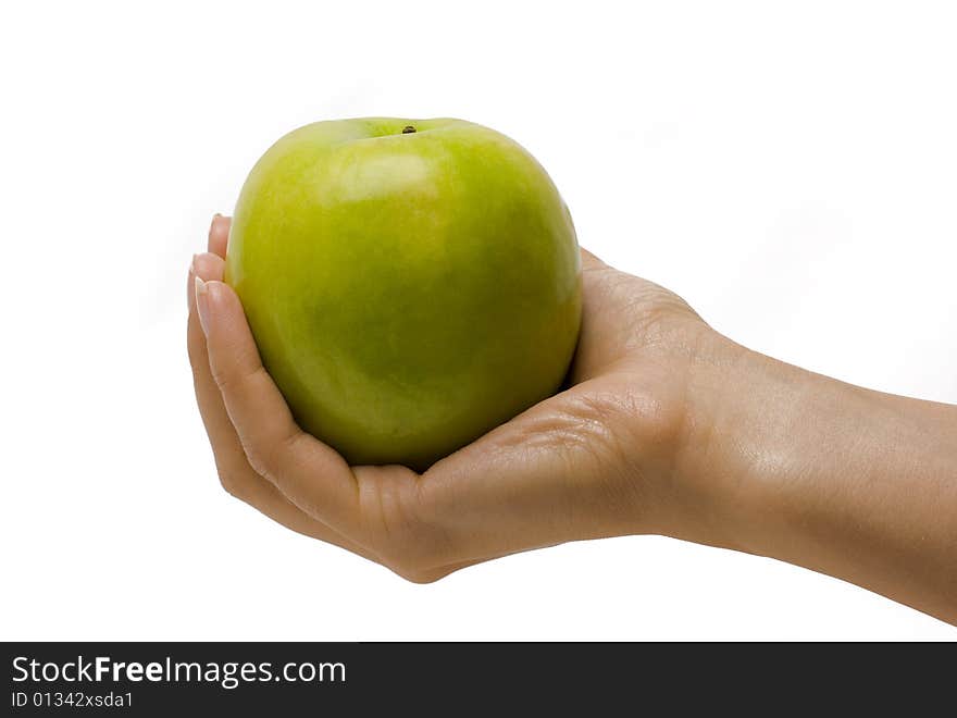 Apple on the hand, white background