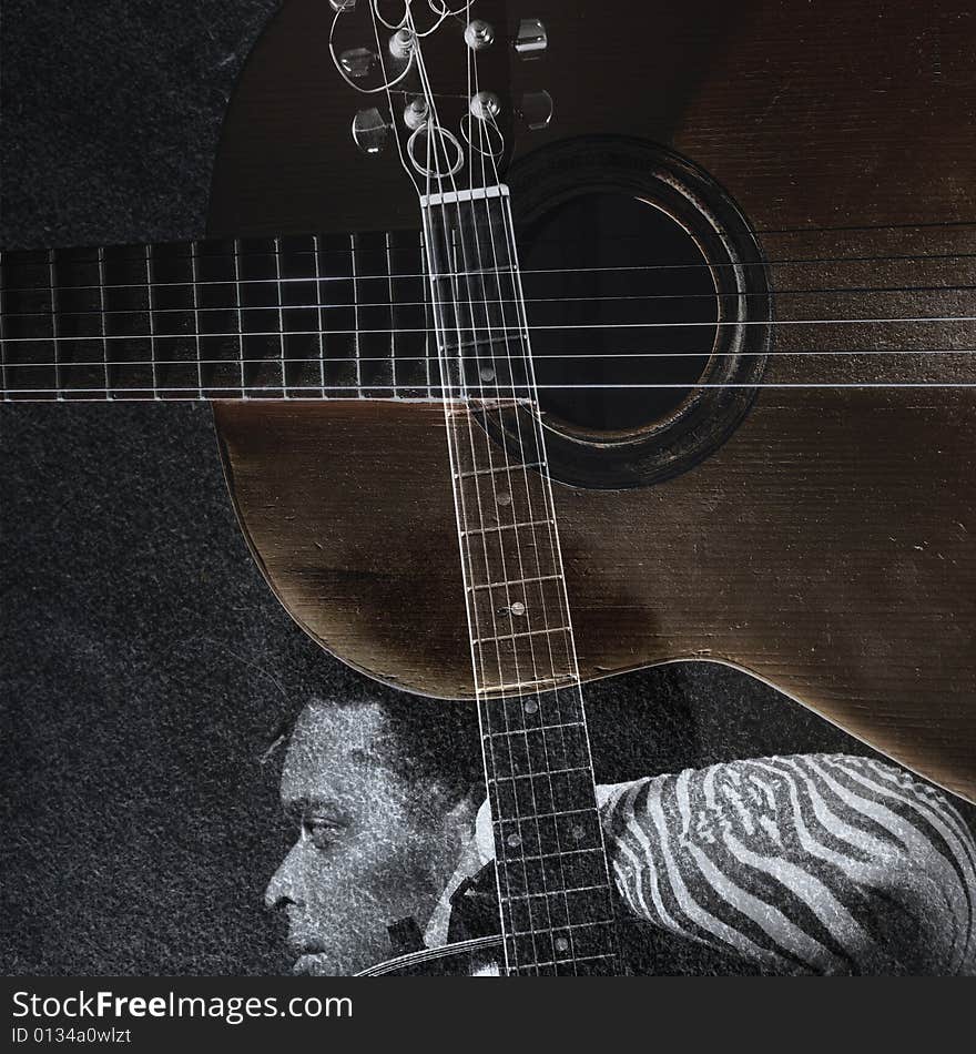 Abstract portrait of young man with acoustic guitar over grunge texture. Abstract portrait of young man with acoustic guitar over grunge texture