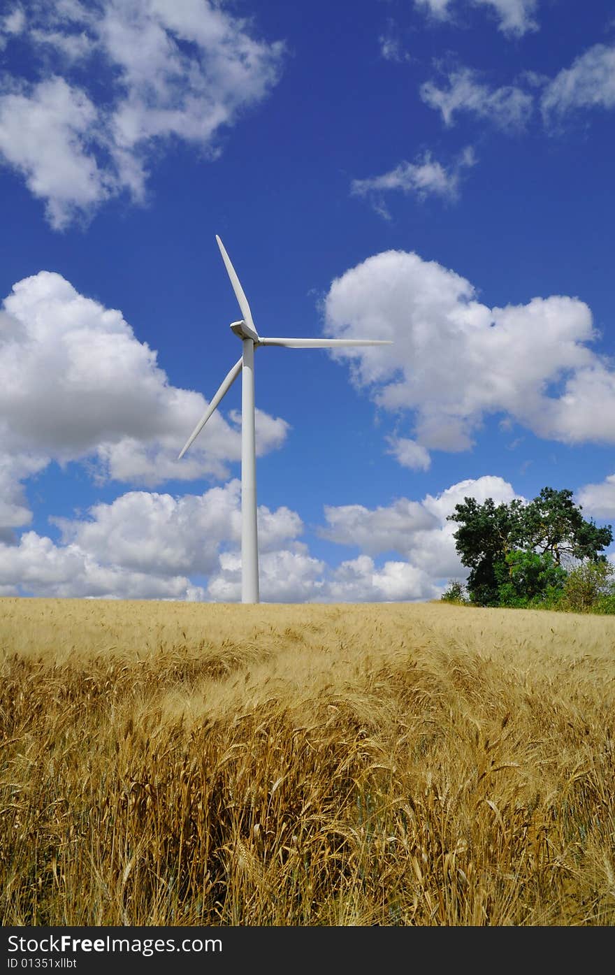 Wind turbine, the new alternative energy, in barley field