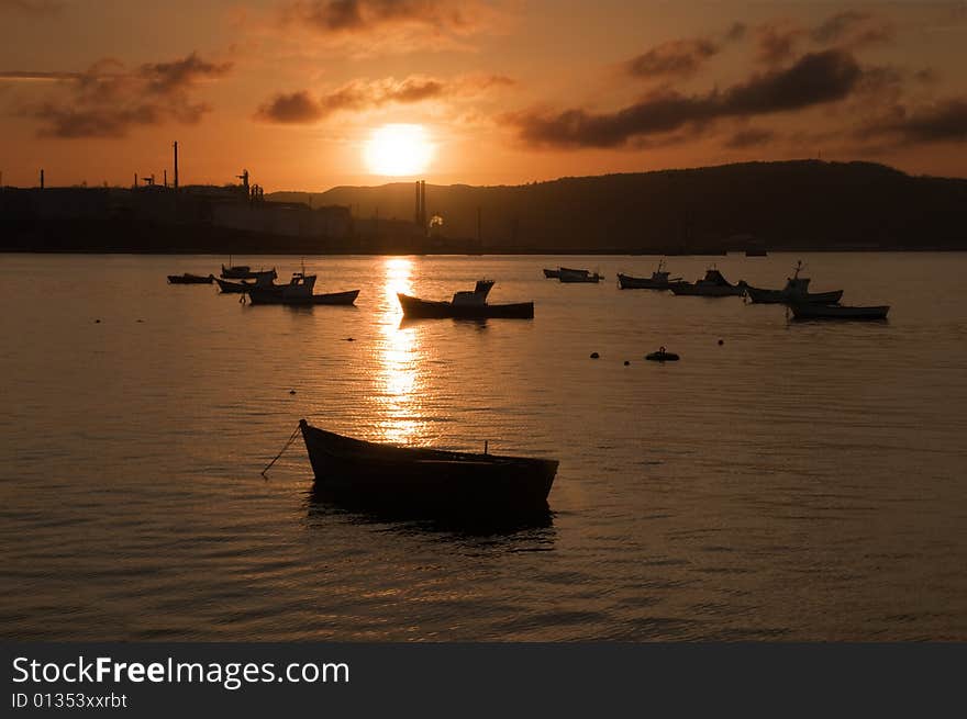 Boats in the inlet at sunset