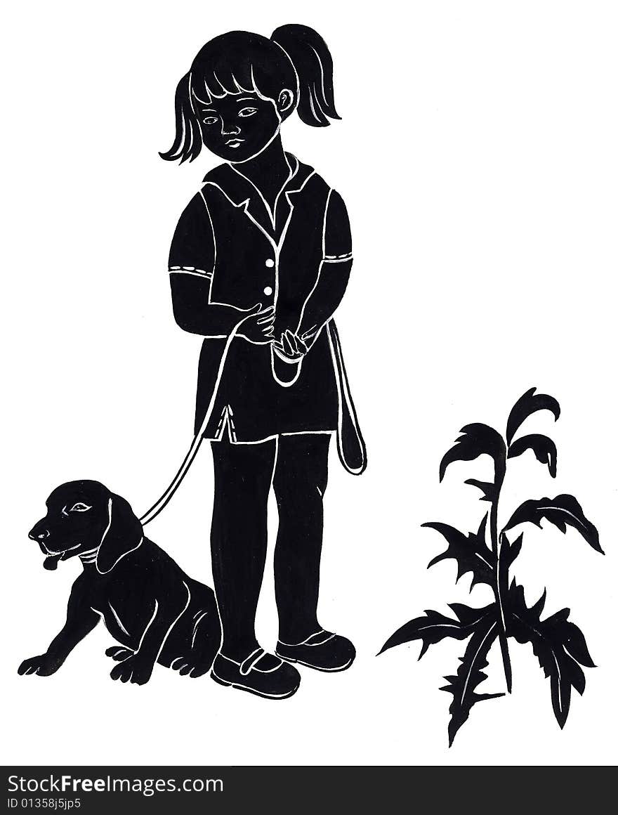 Black silhouettes of the girl with a dog on a white background