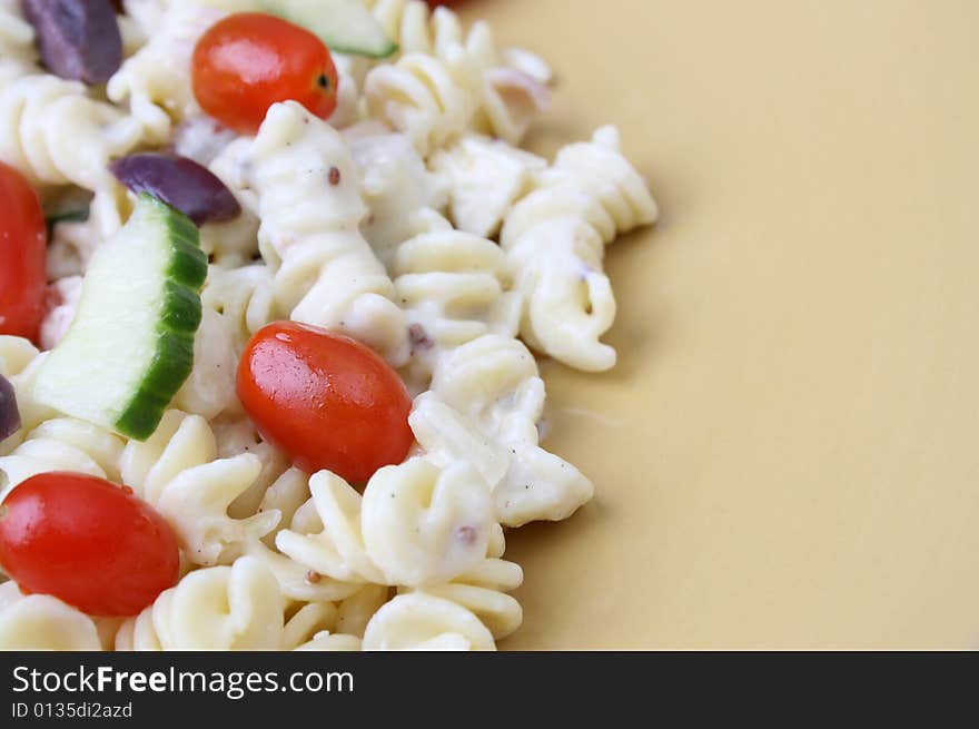 Cold Pasta Salad with tomatoes, cucumbers and olives. Cold Pasta Salad with tomatoes, cucumbers and olives