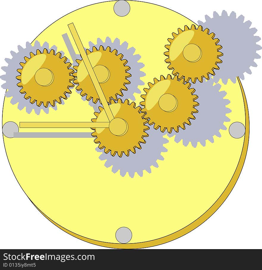 Gears in clockwork with hour and minute hand. Gears in clockwork with hour and minute hand