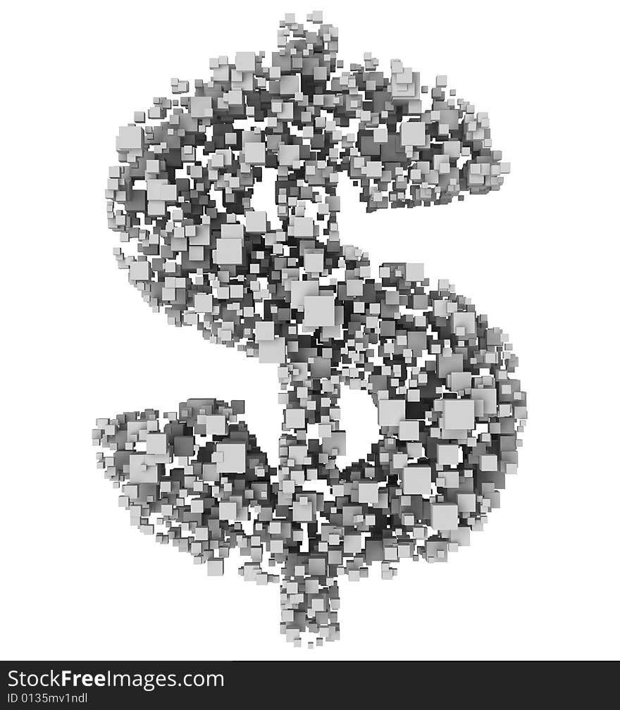 3d dollar from cubes. White background.