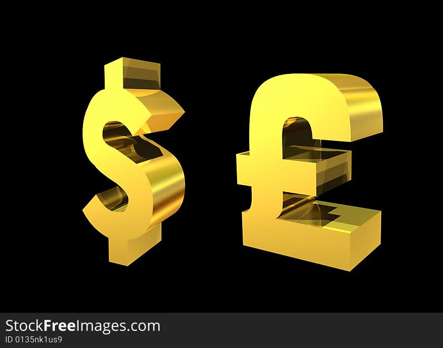 3d golden pound and dollar symbol in black  background