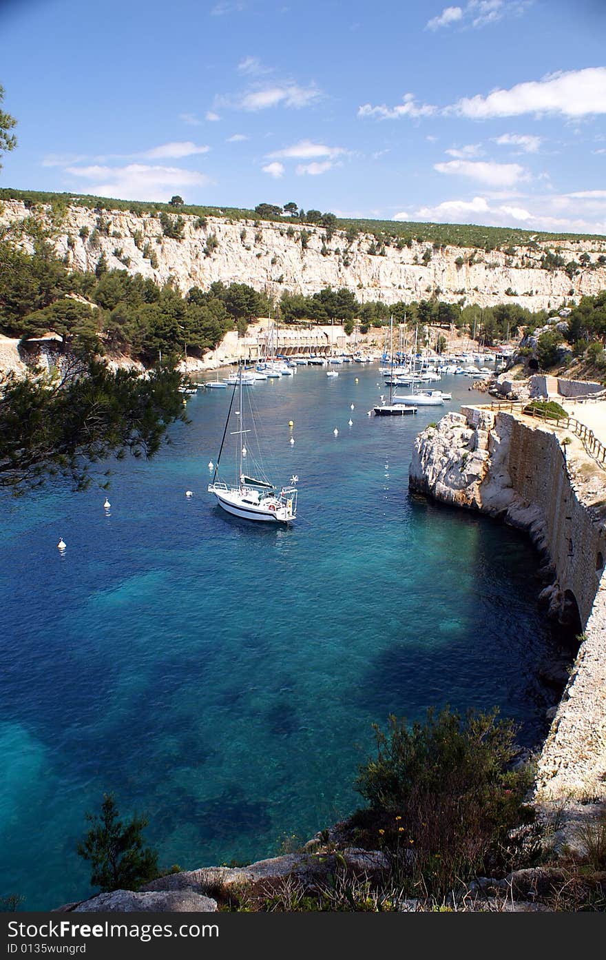 Bay with harbour for sailingships in France called calanque de cassis. Bay with harbour for sailingships in France called calanque de cassis