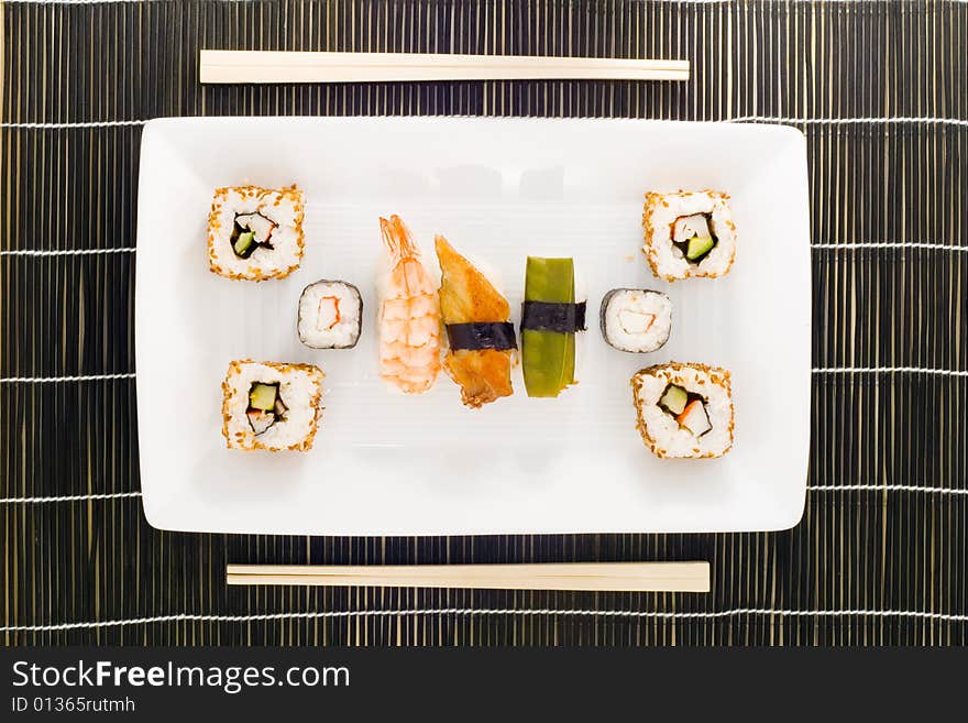 A plate with different kinds of sushi