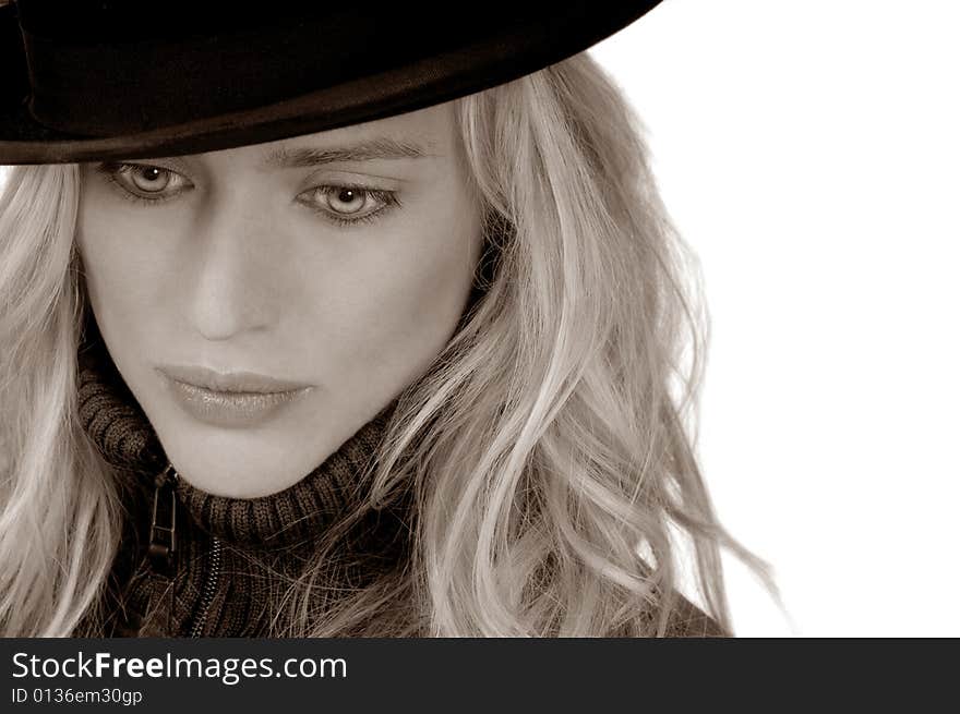 Beautiful Blond Model with bowler hat on white. Beautiful Blond Model with bowler hat on white