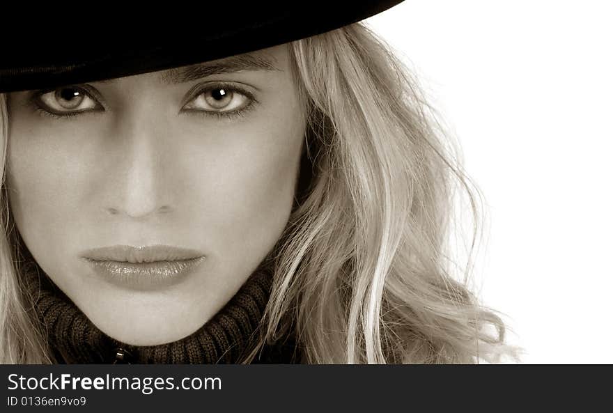 Beautiful Blond woman with bowler hat on white. Beautiful Blond woman with bowler hat on white