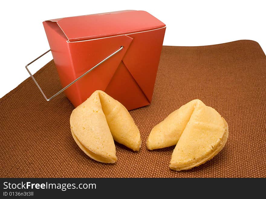 Fortune cookies and Chinese food box with white background. Fortune cookies and Chinese food box with white background