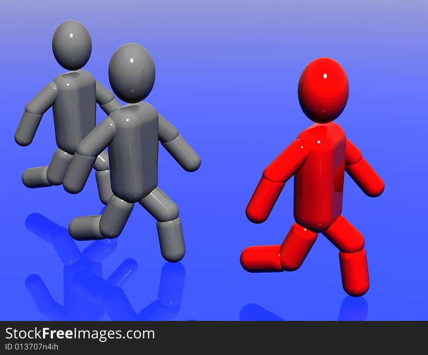 3d grey persons running with a red human