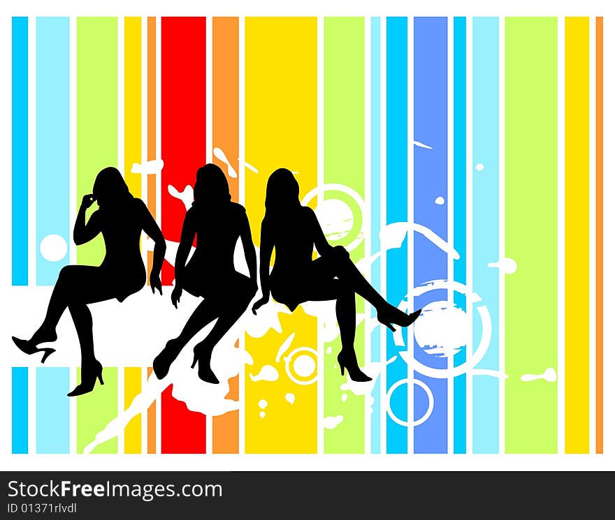 Three black female silhouettes on a grunge striped background. Three black female silhouettes on a grunge striped background.