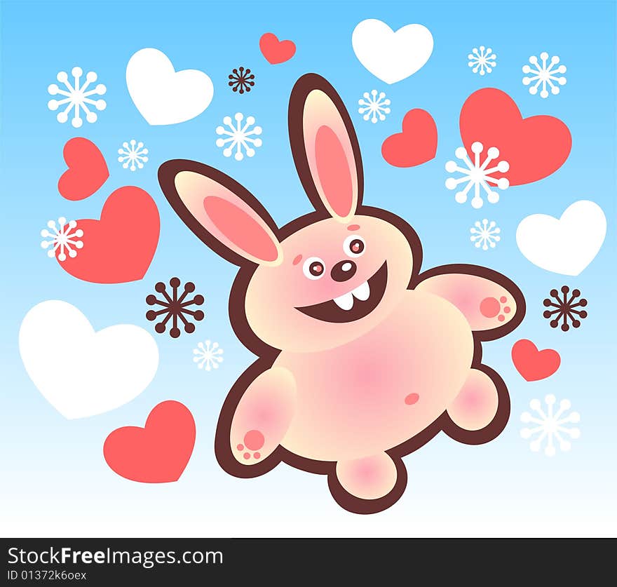 Cartoon happy rabbit and hearts on a blue background.