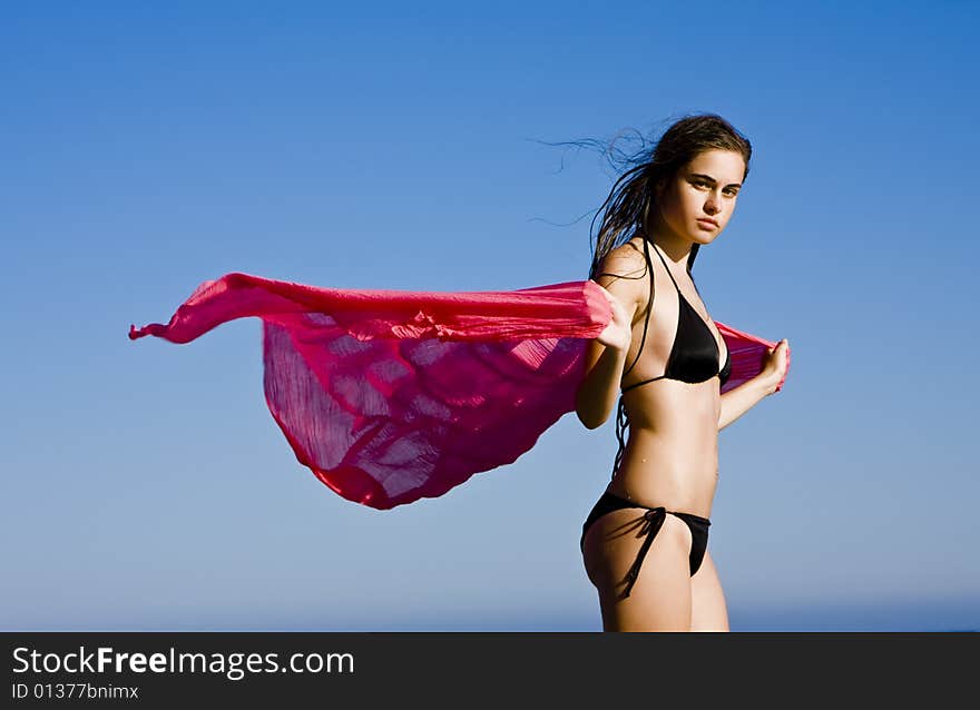 Beautiful woman with red scarf