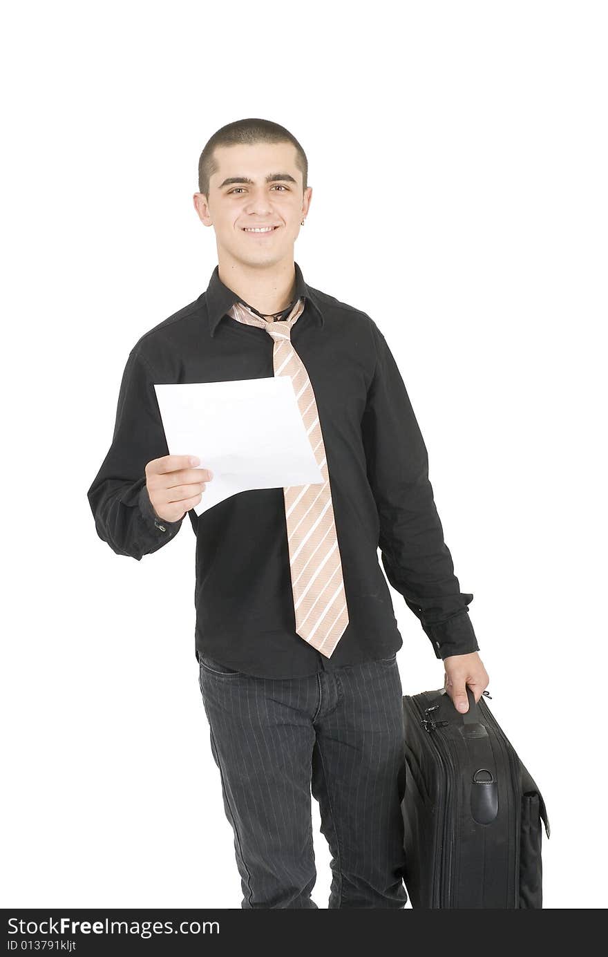 Office man holding a clean paper and a bag. Office man holding a clean paper and a bag