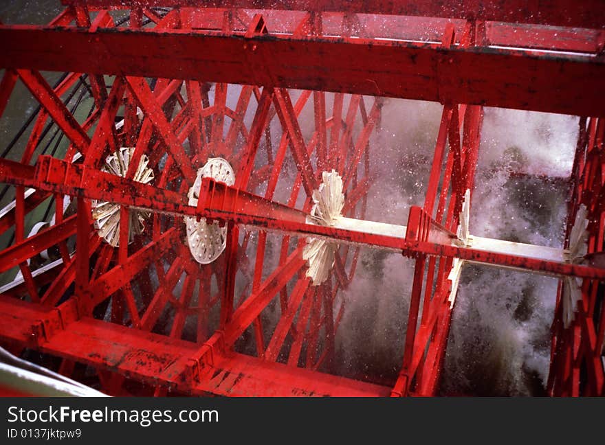 The paddlewheel of a Mississippi Steamboat