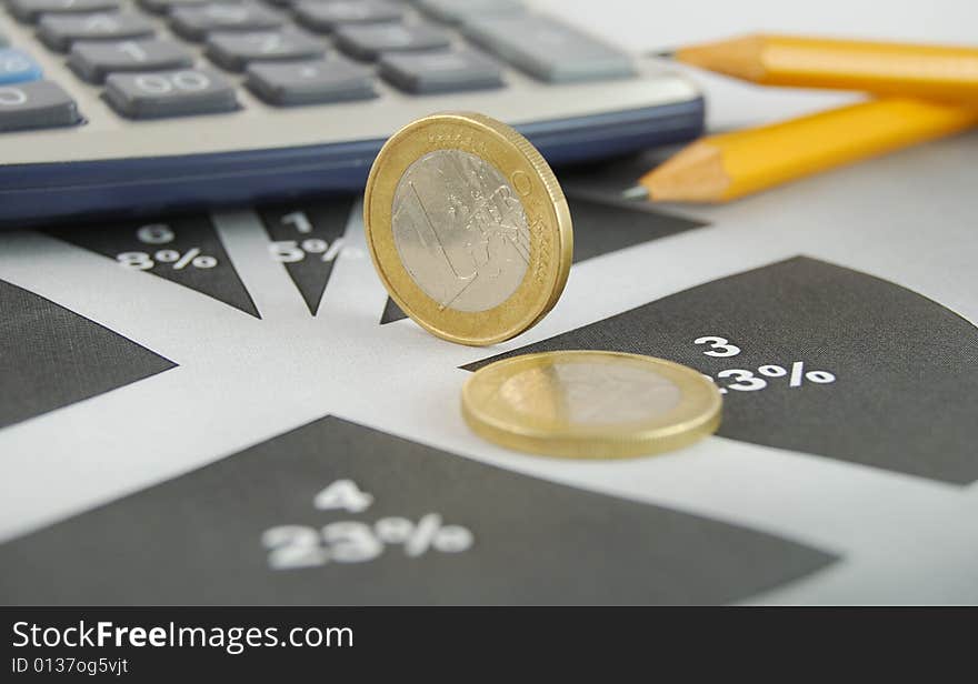 Economic graph with culculator, two yellow pencils and coins. Economic graph with culculator, two yellow pencils and coins