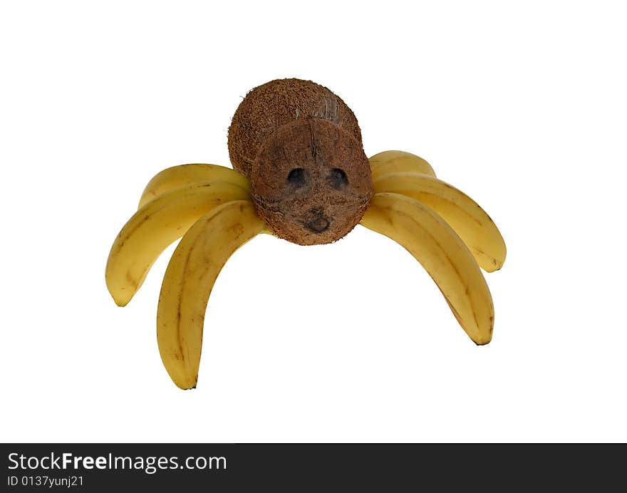 Spider made of bananas and coconuts isolated on white backround