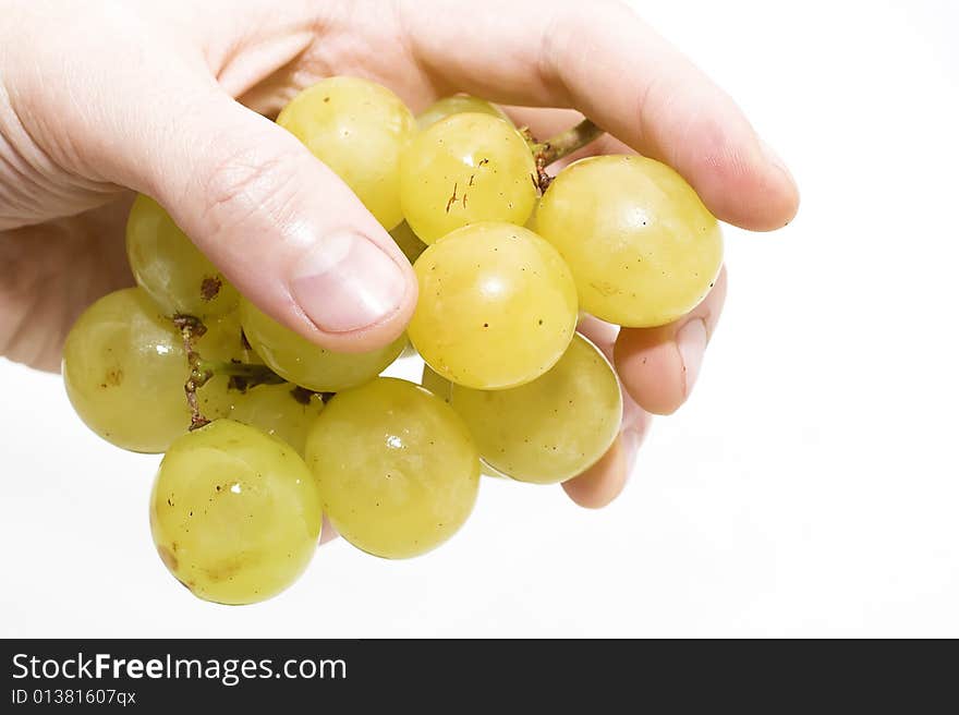 Man holding a yellow grape isolated on white background. Man holding a yellow grape isolated on white background