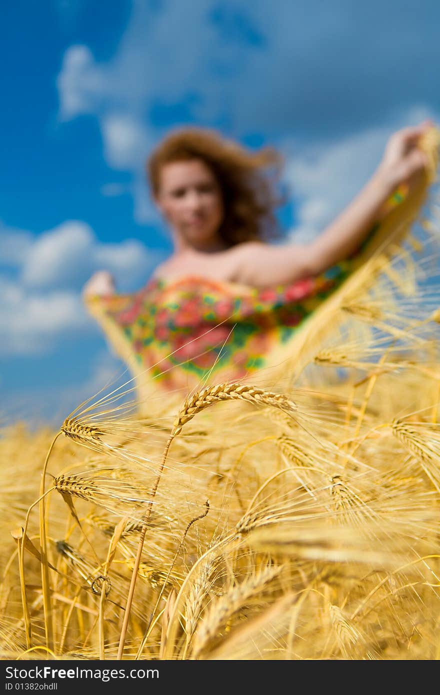 Beautiful caucasian model in golden wheat field