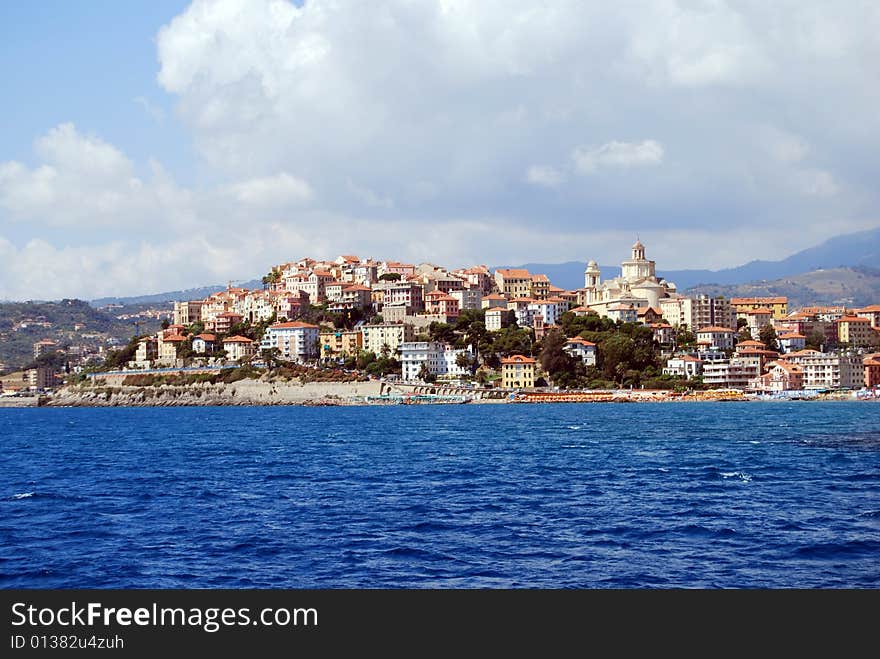 View of Porto Maurizio, village in Liguria, Italy from the sea.