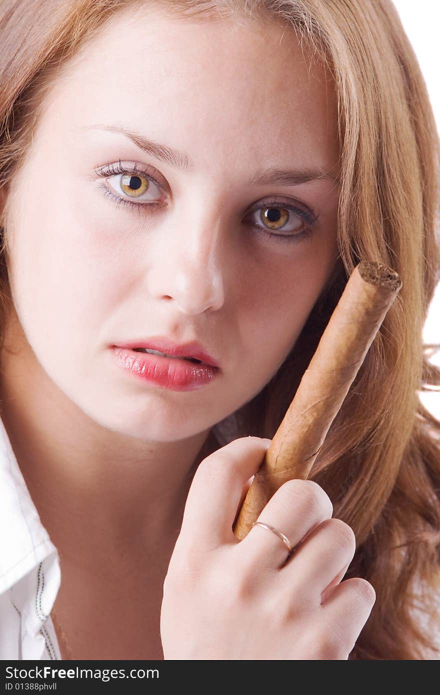 Portrait of beautiful girl posing with cigar. Isolated against white background. #2. Portrait of beautiful girl posing with cigar. Isolated against white background. #2