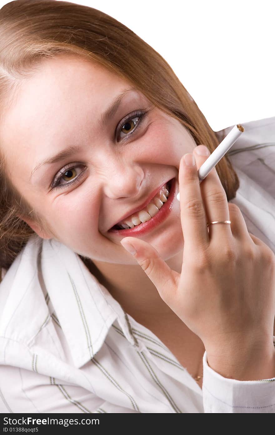 Portrait of beautiful girl posing with cigarette. Isolated against white background. #1. Portrait of beautiful girl posing with cigarette. Isolated against white background. #1