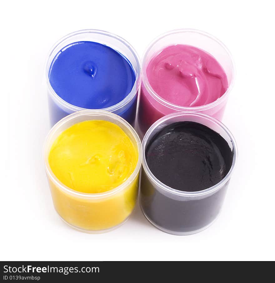 Gouache paint cans on white background