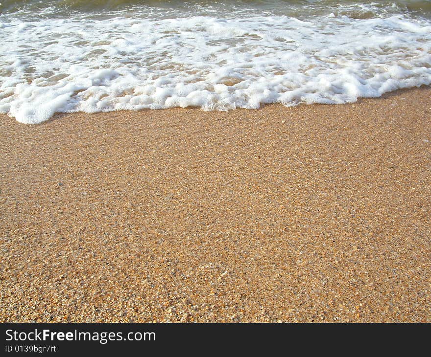 Beautiful coastline. Coast contains sand and cockleshells.