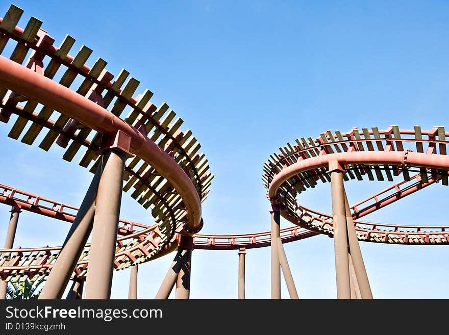 Rollercoaster tracks against a blue sky