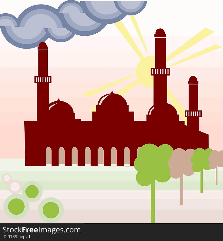 Mosque with cheerful ambiance, great for Moslem\'s greeting card.