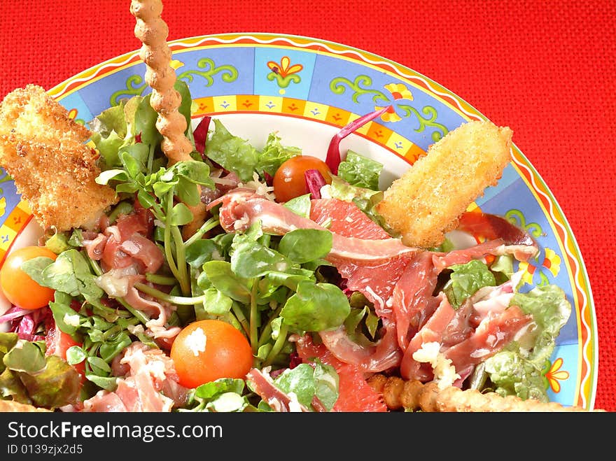 Fresh salad whit vegetables, bread, meat  and fish. Fresh salad whit vegetables, bread, meat  and fish