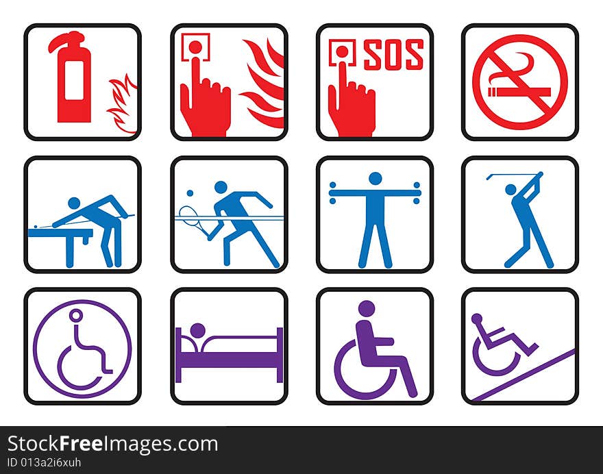 Twelve buttons with symbols of fire emergency,sports and health care.