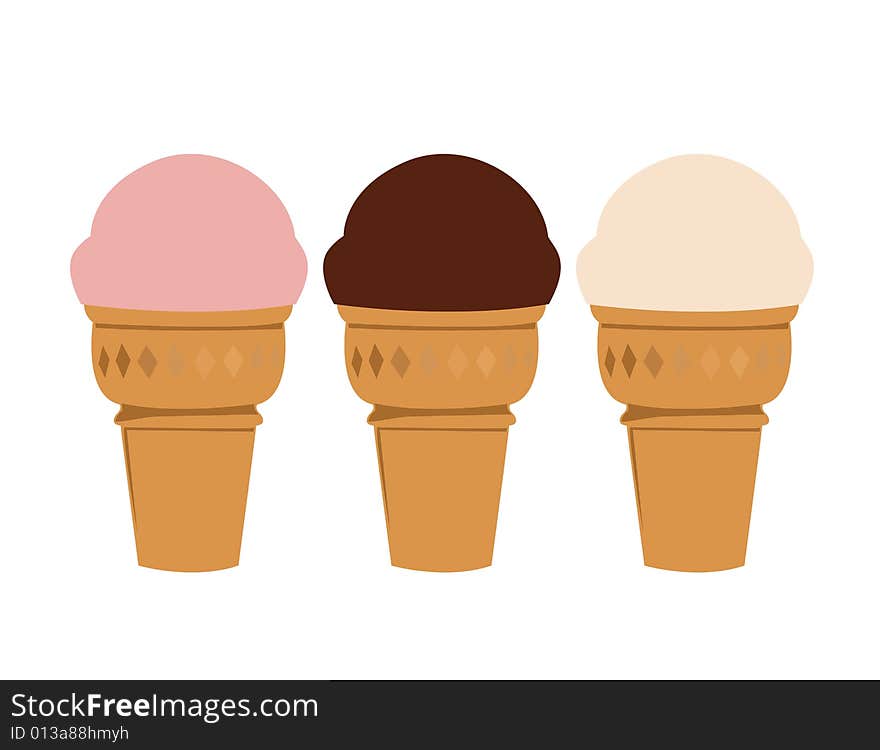 Strawberry, chocolate and vanilla ice cream cones illustration. Strawberry, chocolate and vanilla ice cream cones illustration