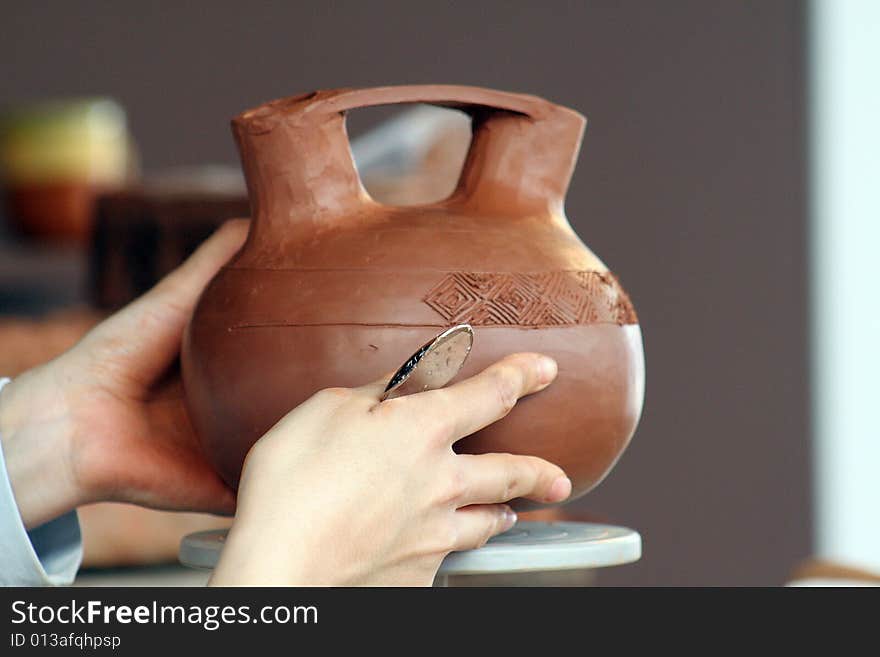 Hand made clay pot on exhibition of clay in Majorca in Spain