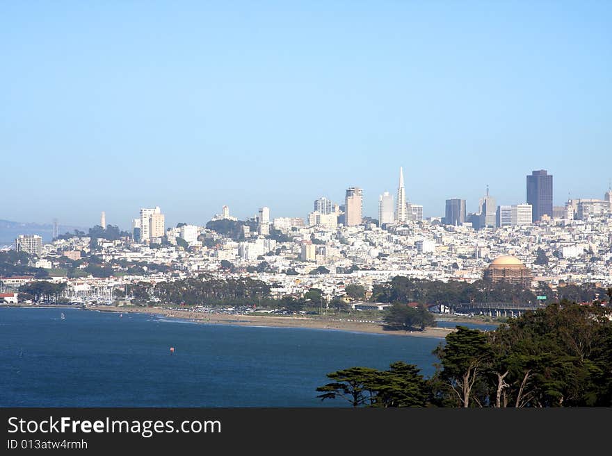 Photo of San Francisco Bay skyline from Golden Gate Bridge in California