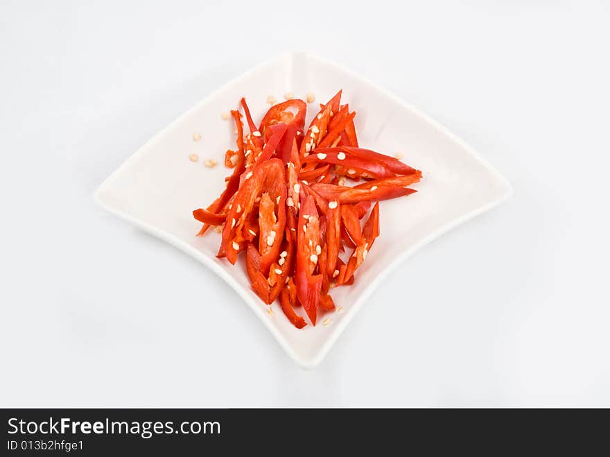 Fresh sliced chili in isolated white plate