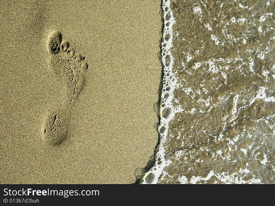 Because of an optical illusion the foot imprint seems in relief and the water level lower than the sand, sometimes you can see it as actually it is but after few seconds it looks again the opposite. Because of an optical illusion the foot imprint seems in relief and the water level lower than the sand, sometimes you can see it as actually it is but after few seconds it looks again the opposite